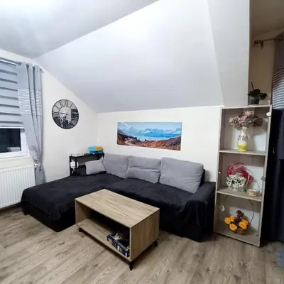 a living room with a bed and a table at MARIJA sa besplatnim parkingom in Novi Beograd