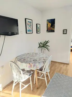 a dining room with a table and chairs and a tv at Apartment in the downtown - walking distance all attractions in Belgrade