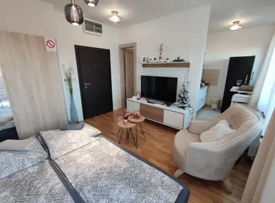 a living room with a tv and a couch and a chair at BellaCasa AirportStudio in Surčin