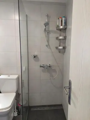 a bathroom with a glass shower with a toilet at Charming and stylish centrally located 50m2 in Belgrade