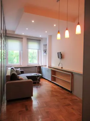 a living room with a couch and two windows at Apartment Grmech in Novi Beograd
