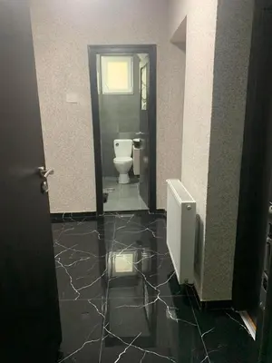 a bathroom with a toilet and a black tile floor at Lana in Arandjelovac