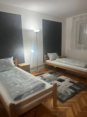 two beds in a room with a lamp and a rug at Lana in Arandjelovac