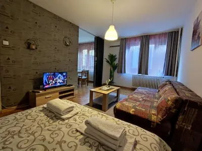 a hotel room with a bed and a tv at Banjica 2 in Voždovac