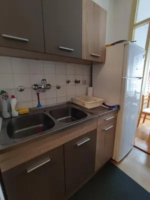 a kitchen with a sink and a refrigerator at Banjica 2 in Voždovac