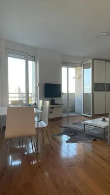 a living room with a table and chairs and a television at Luka 1718 Apartments in Belgrade
