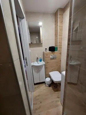 a small bathroom with a toilet and a sink at Cuca Apartments in Belgrade