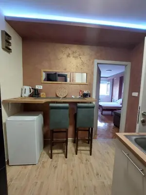 a kitchen with a table and chairs in a room at Cuca Apartments in Belgrade