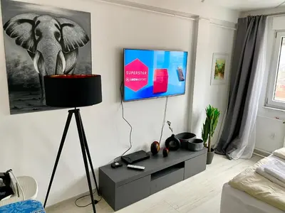 a living room with an elephant on the wall at Vip Lounge 63 in Belgrade