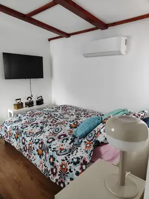a bedroom with a bed with a floral comforter at Apartment Smokva in Belgrade