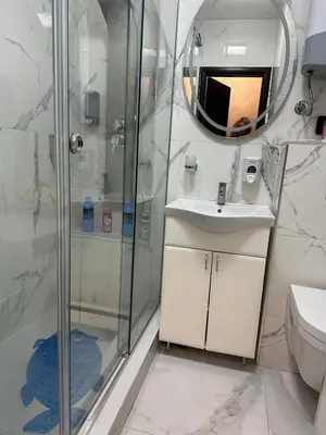 a bathroom with a shower and a sink and a mirror at Starry Sky in Belgrade