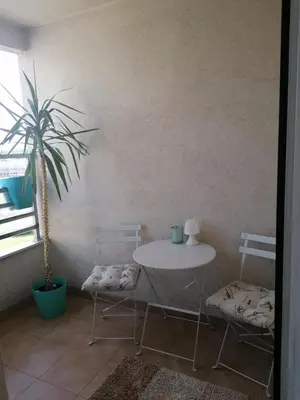 a table and two chairs with a table and a palm tree at Apartment Belville, Suncokret 34 in Novi Beograd