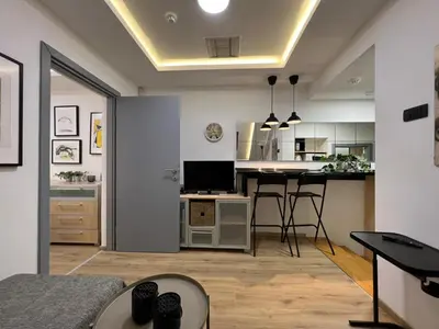a living room with a kitchen and a dining room at CITY CENTER Apartment in Belgrade