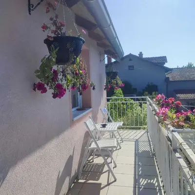 a patio with two chairs and a window with flowers at Lux Apartmans-VILA MALI RAJ in Udovice