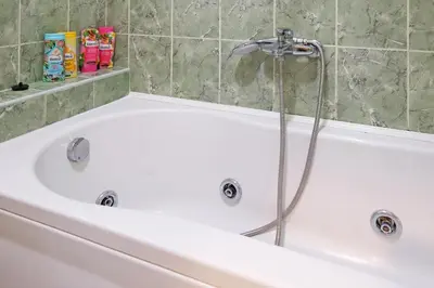 a white bath tub with a shower in a bathroom at Lion Apartment - Belgrade in Belgrade