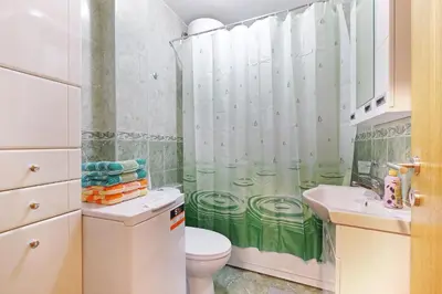 a bathroom with a green and white shower curtain at Lion Apartment - Belgrade in Belgrade