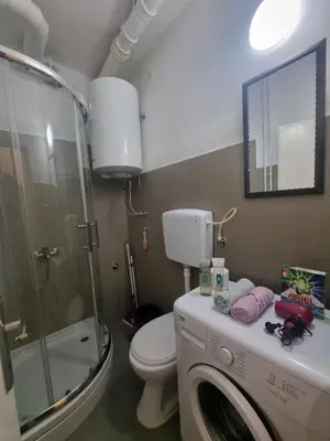 a bathroom with a shower and a toilet and a washing machine at Apartment Dorcol Belgrade in Belgrade