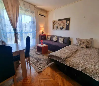 a living room with a bed and a couch at Apartment Dorcol Belgrade in Belgrade