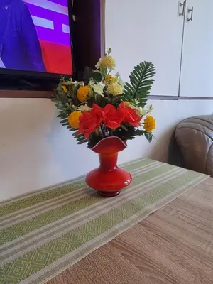a red vase filled with flowers on a table at Apartment Dorcol Belgrade in Belgrade