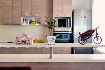 a kitchen with a table with a toy bike on it at Green Art House in Kovilovo