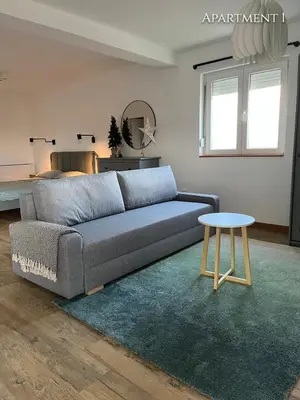 a living room with a couch and a table at Airport Gate 25 in Ledine