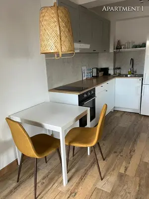 a kitchen with a white table and two chairs at Airport Gate 25 in Ledine