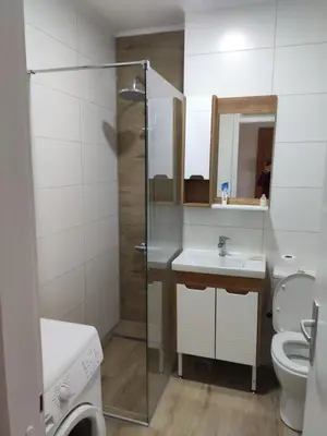 a bathroom with a shower and a sink and a toilet at Venac in Belgrade