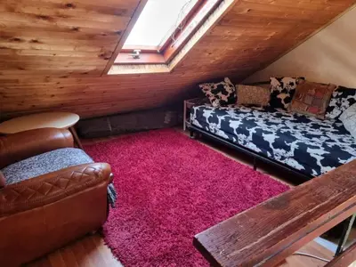 a attic room with a couch and a rug at Apartment Antik Belgrade in Belgrade