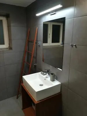 a bathroom with a white sink and a mirror at Gray apartment in Čukarica