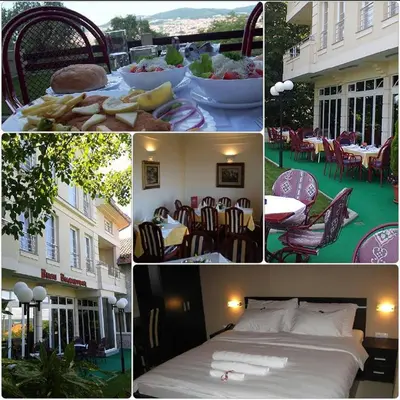a collage of pictures of a hotel with a bed and tables and chairs at Vila Vidikovac Arandjelovac in Arandjelovac