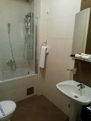a bathroom with a sink and a shower and a toilet at Vila Vidikovac Arandjelovac in Arandjelovac