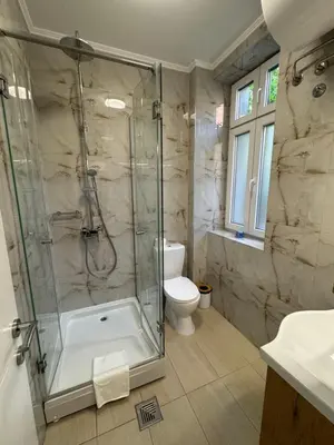a bathroom with a shower and a toilet at Stefy Lux Apartments in Belgrade