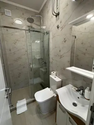 a bathroom with a shower and a toilet and a sink at Stefy Lux Apartments in Belgrade