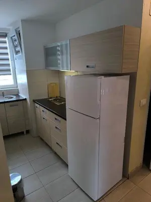 a kitchen with a white refrigerator and a sink at Agape Downtown in Belgrade