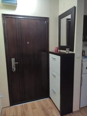 a closet with a wooden door and a mirror at Vidikovac 4 in Belgrade