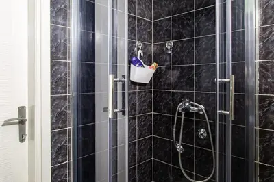 a bathroom with a shower with black tiles at Apartman Nelly - Fontana in Fontana