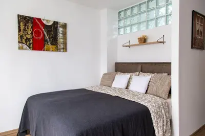 a bedroom with a bed with a black blanket at Apartman Nelly - Fontana in Fontana