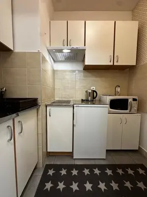 a small kitchen with white cabinets and a microwave at Nevena Belville Apartments in Belgrade