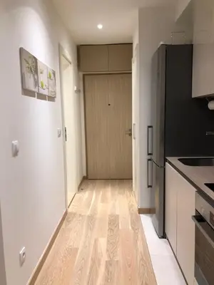 a kitchen with a wooden floor and a door at Cozy Belgrade Waterfront studio with Murphy bed in Belgrade