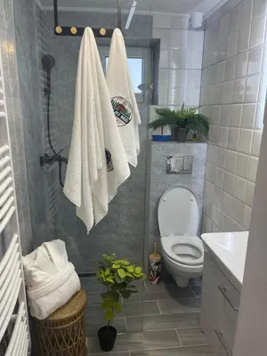 a bathroom with a toilet and a shower with towels at Vila Kraljev Breg Fruška Gora Pool and Padel in Čortanovci