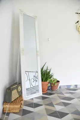 a mirror in a room with a tiled floor and plants at Vila Kraljev Breg Fruška Gora Pool and Padel in Čortanovci