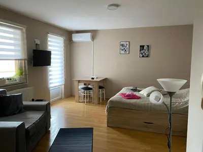 a living room with a bed and a couch at Apartman Stojadinović in Ruma