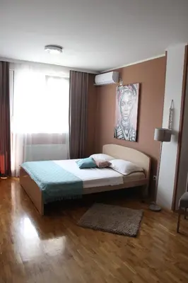 a bedroom with a bed with a painting on the wall at Apartmani Elixir in Nova Pazova