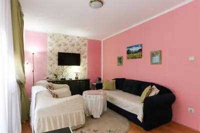 a living room with a couch and a pink wall at Apartment Lilian in Belgrade