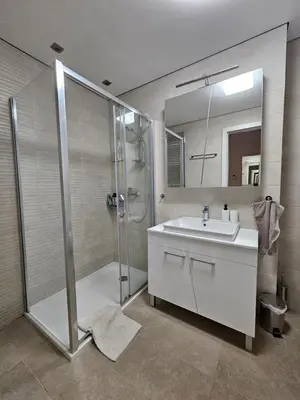 a bathroom with a shower and a sink and a mirror at West 65 apartment in Belgrade