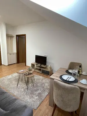 a living room with a table and chairs and a tv at Despot apartmani in Mladenovac