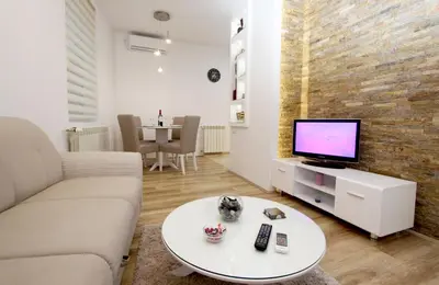 a living room with a couch and a tv at Apartment Div 1 in Dušanovac (historical)
