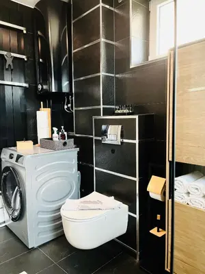 a bathroom with a toilet and a washing machine at Apartment Black Diamond - Vracar, Belgrade in Belgrade
