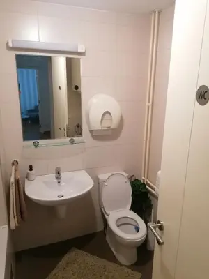 a bathroom with a toilet and a sink and a mirror at Apartment Belville, Suncokret 26 in Novi Beograd