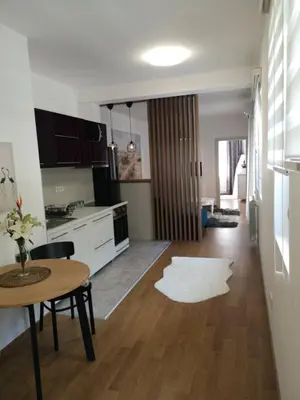 a living room with a table and a kitchen at Dimiant Lux Apartment in Vračar (historical)